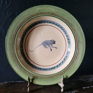 Vtg Handcrafted Zimbabwe Pottery Bowl Green Trim & Blue Monkey Design, Signed